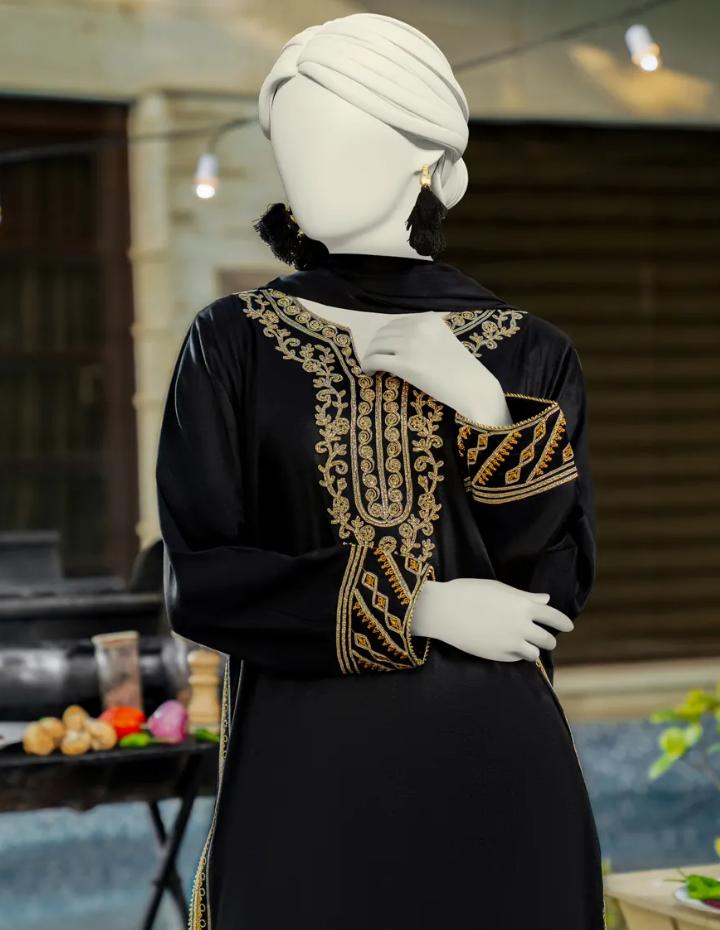 J. 3-Piece Embroidered Cotton Silk Luxury Suit - Black