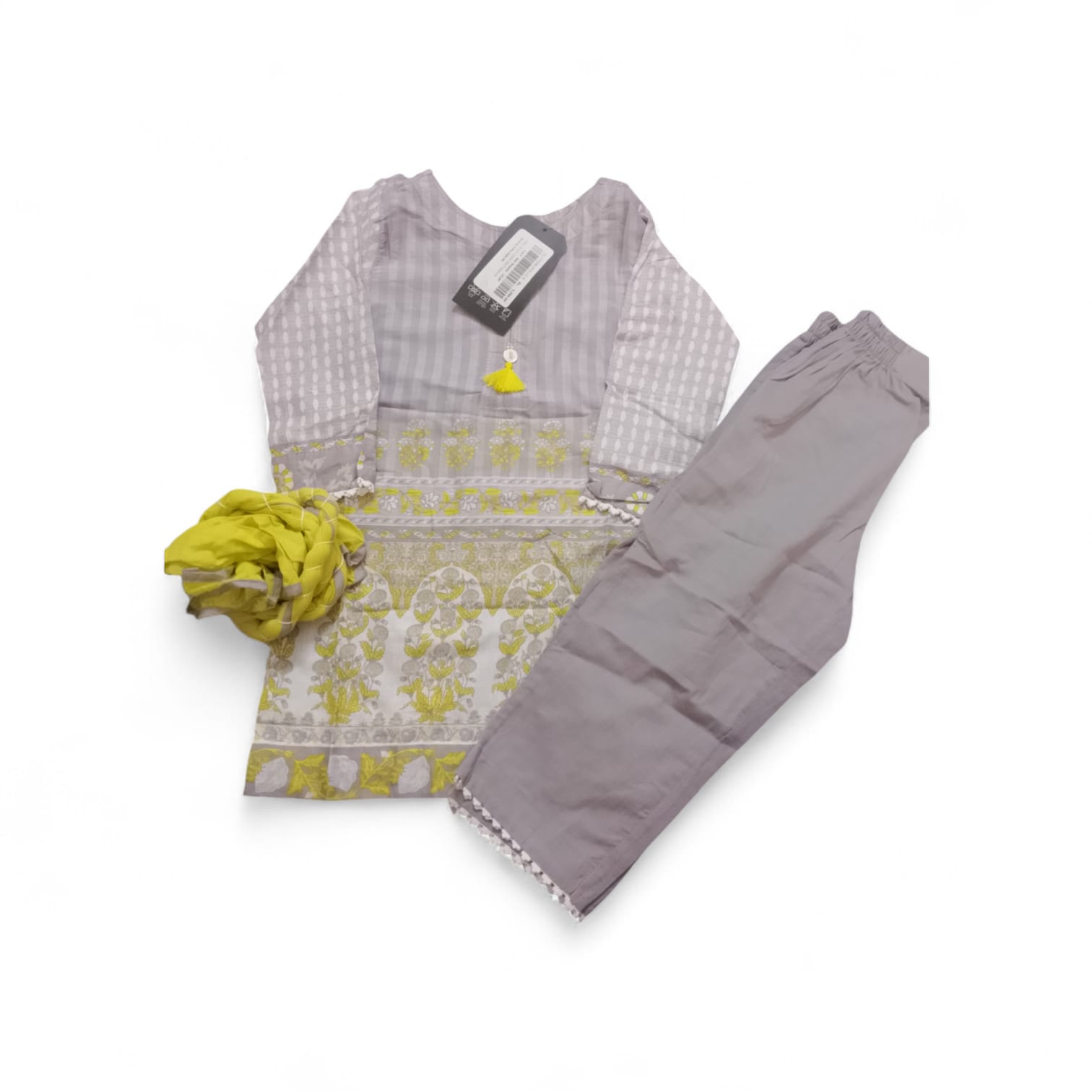 J. Kids 3-Piece Printed Lawn Dress - Soft Grey & Lime Green