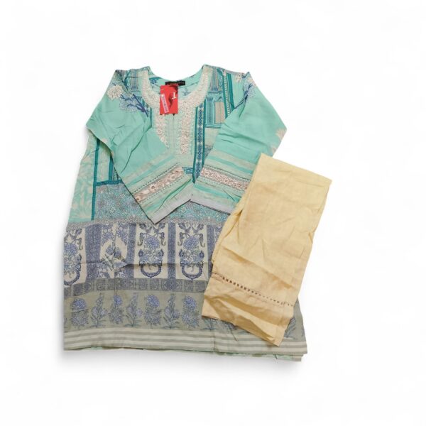 J. Kids Mix & Match 2-Piece Embroidered Lawn Dress (Shirt & Trouser) - Mint Green & Soft Cream