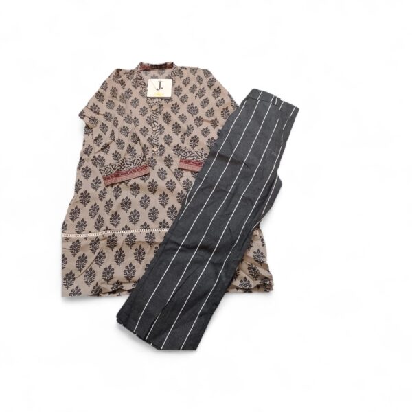 J. Kids Mix & Match 2-Piece Printed Lawn Dress (Shirt & Trouser) - Khaki & Charcoal Grey