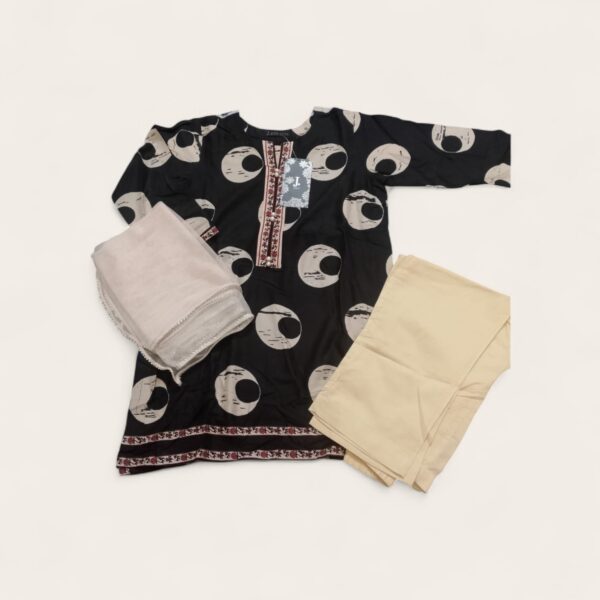 J. Kids Mix & Match 3-Piece Printed Lawn Dress (Shirt, Trouser, Dupatta) - Black & Light Cream
