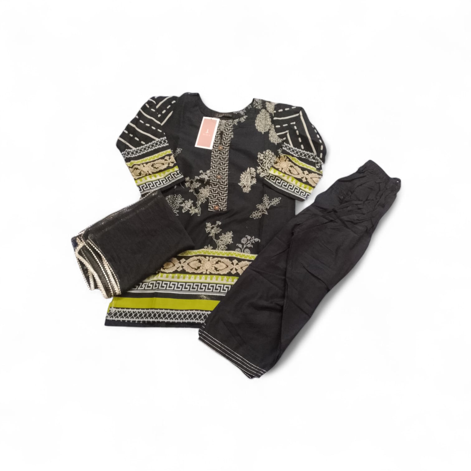 J. Kids Mix & Match 3-Piece Printed Lawn Dress - Black, Lime & Off-White