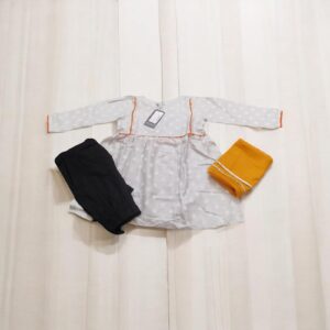 J. Kids Mix & Match 3-Piece Printed Lawn Dress (Shirt, Trouser, Dupatta) - Dove Grey, Black & Amber