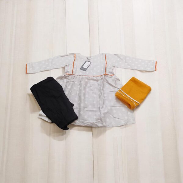 J. Kids Mix & Match 3-Piece Printed Lawn Dress (Shirt, Trouser, Dupatta) - Dove Grey, Black & Amber