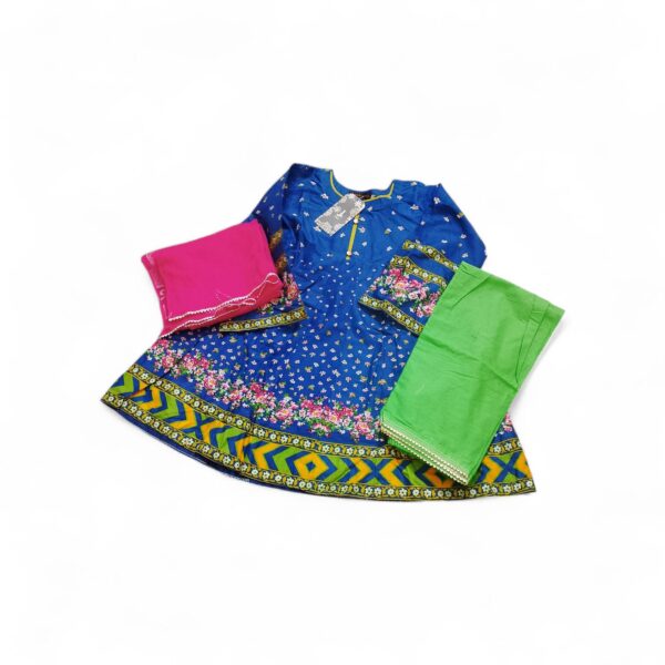 J. Kids Mix & Match 3-Piece Printed Lawn Dress (Shirt, Trouser, Dupatta) - Royal Blue, Green & Pink