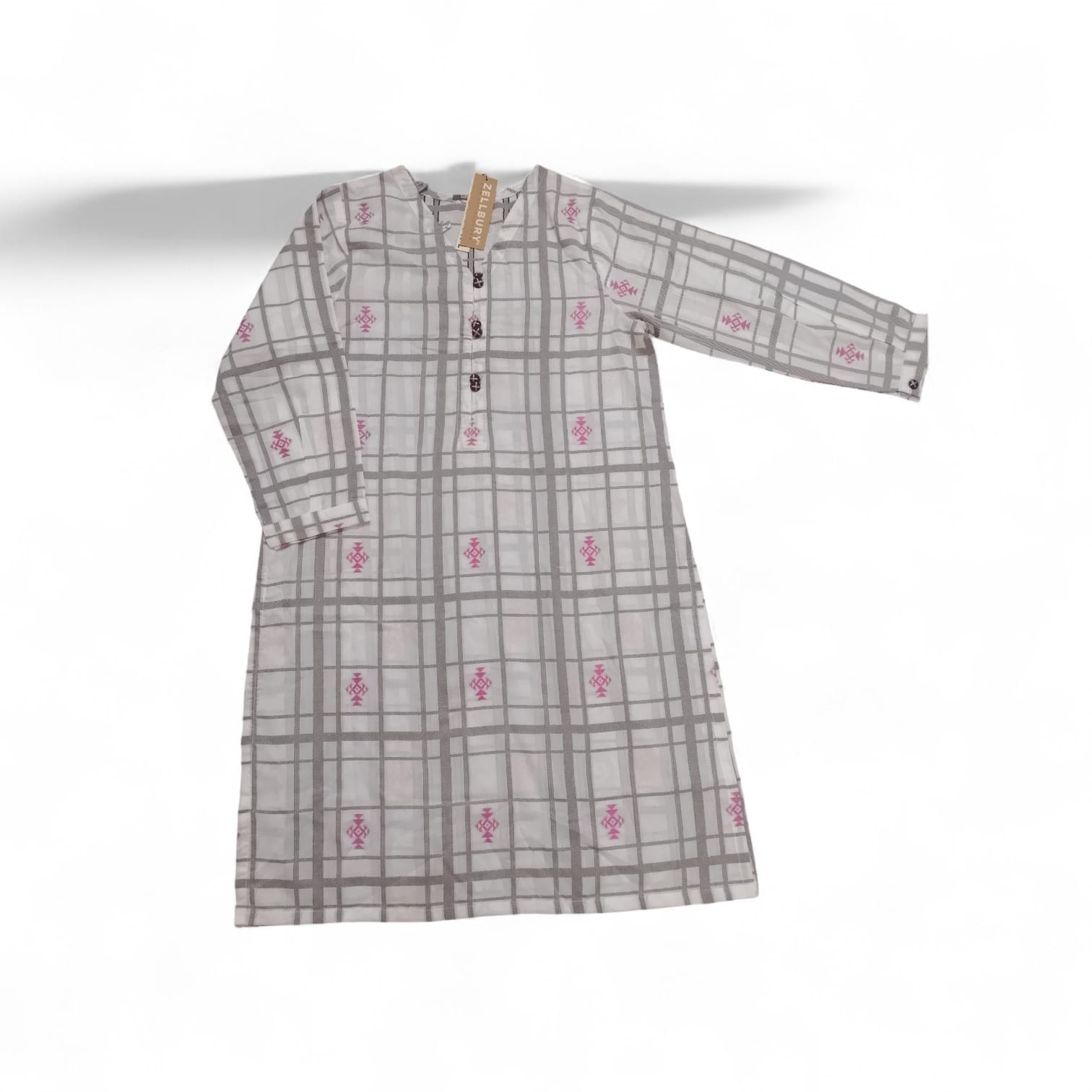 Zellbury 1-Piece Checked & Embroidered Lawn Kurti - Off-White & Grey