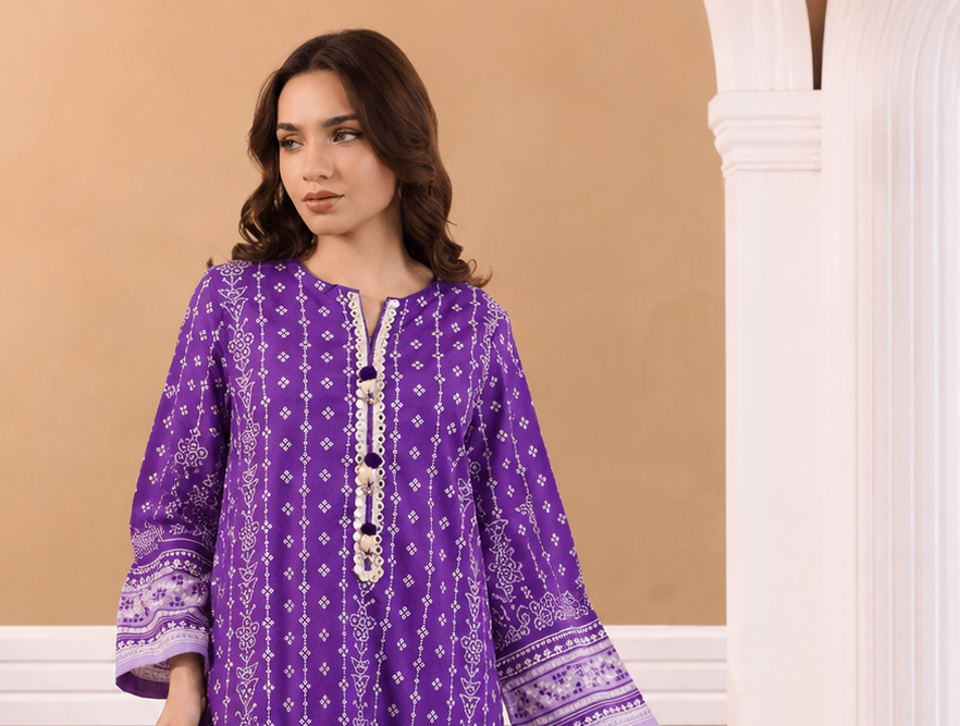 Chunri printed lawn kurti in purple