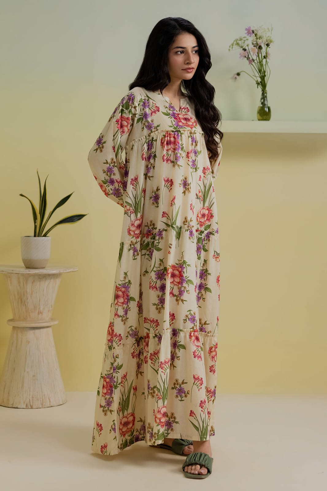 Zellbury 1-Piece Floral Printed Lawn Tiered Frock - Cream view 3