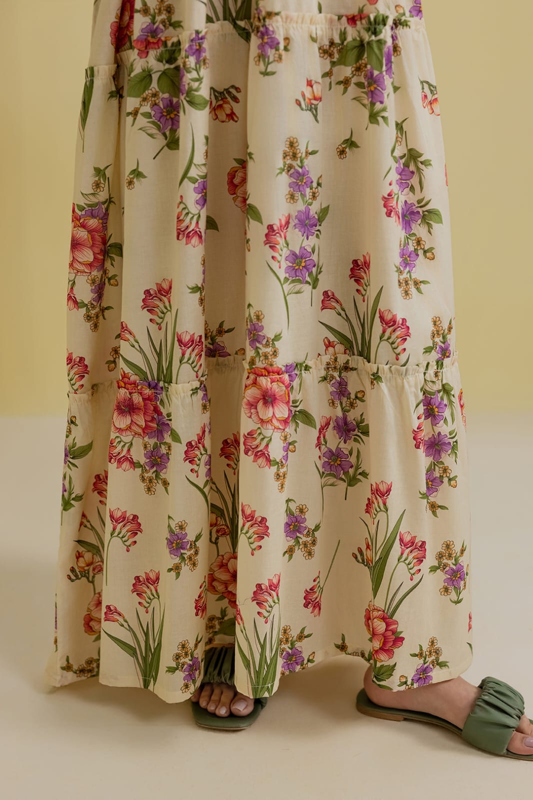 Zellbury 1-Piece Floral Printed Lawn Tiered Frock - Cream view 2