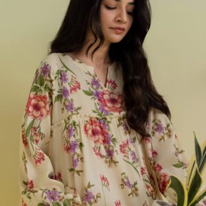 Zellbury 1-Piece Floral Printed Lawn Tiered Frock - Cream