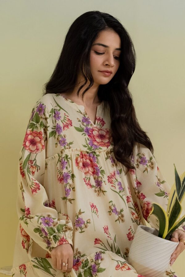 Zellbury 1-Piece Floral Printed Lawn Tiered Frock - Cream