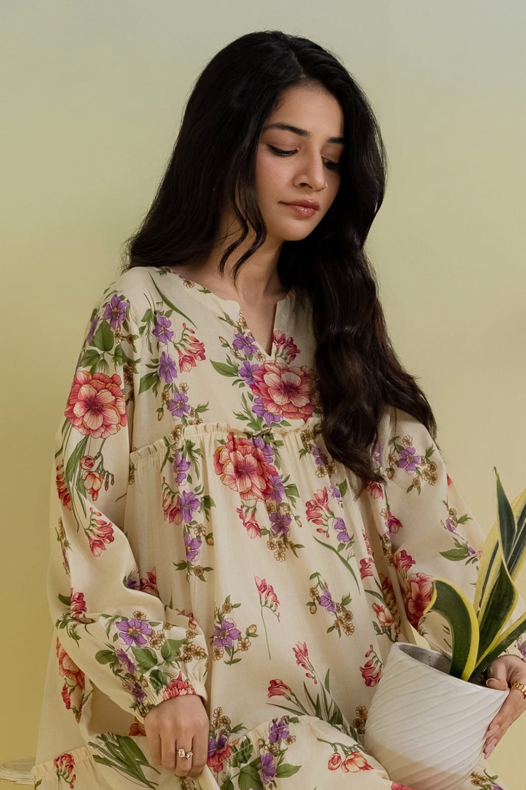 Zellbury 1-Piece Floral Printed Lawn Tiered Frock - Cream