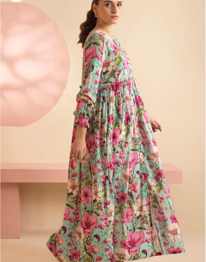 Zellbury 1-Piece Floral Printed Lawn Tunic Frock - Mint Green & Pink - Image 3