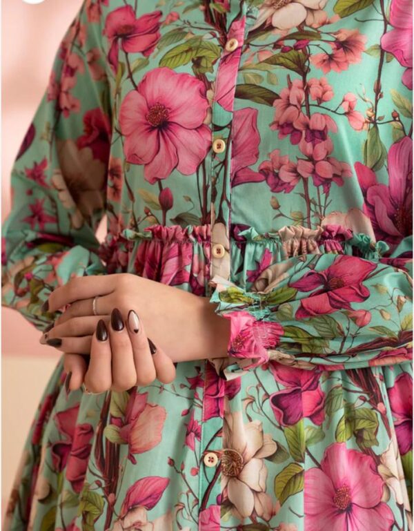 Zellbury 1-Piece Floral Printed Lawn Tunic Frock - Mint Green & Pink