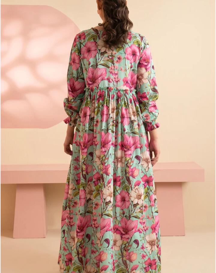Zellbury 1-Piece Floral Printed Lawn Tunic Frock - Mint Green & Pink - Image 2