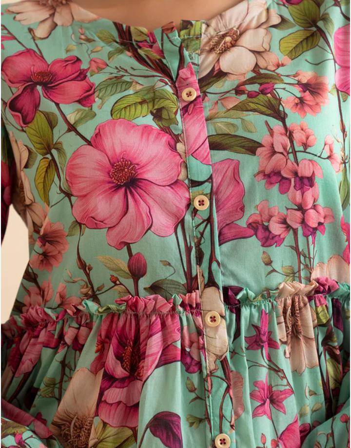 Zellbury 1-Piece Floral Printed Lawn Tunic Frock - Mint Green & Pink - Image 4