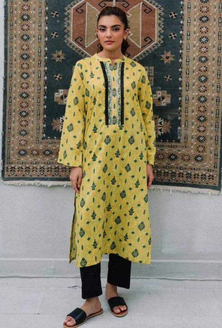 Zellbury 1-Piece Geometric Printed Lawn Kurti - Yellow