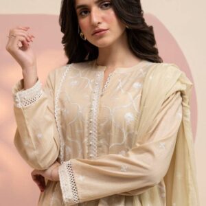Zellbury 3-Piece Embroidered Lawn Dress - Beige