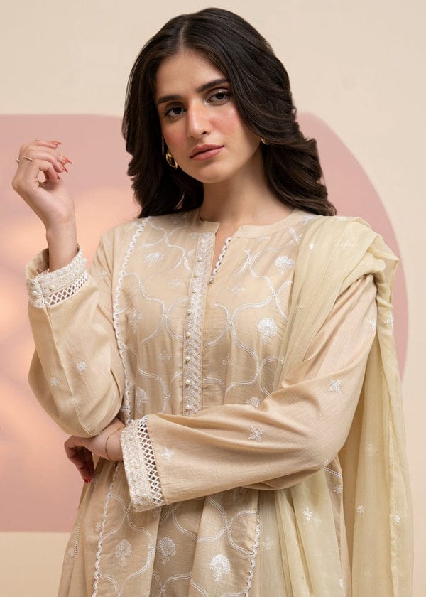 Embroidered lawn dress in beige