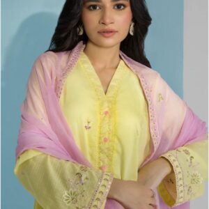 Zellbury 3-Piece Embroidered Lawn Dress - Yellow & Pink