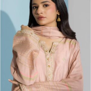 Zellbury 3-Piece Embroidered Zari Lawn Dress - Peach