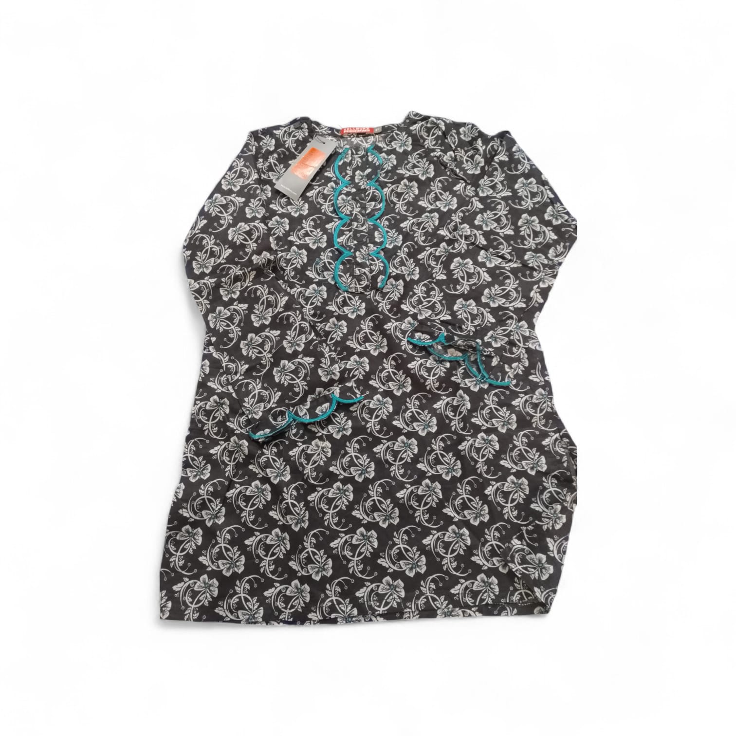 Zellbury Kids 1-Piece Printed Lawn Kurti - Charcoal Grey & Turquoise