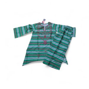 Zellbury Kids 2-Piece Striped & Embroidered Lawn Dress (Shirt & Trouser) - Teal Green & Blue